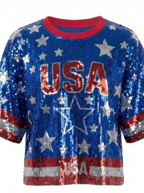 Ladies' Blue Sequin USA Star Cropped Jersey